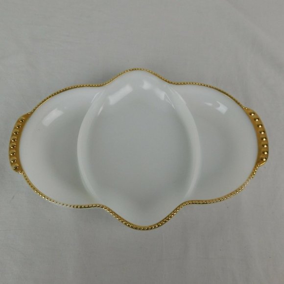 Fire King Milk Glass Relish Dish Tray 3 Section Divided White Gold Trim Vintage - Picture 1 of 9